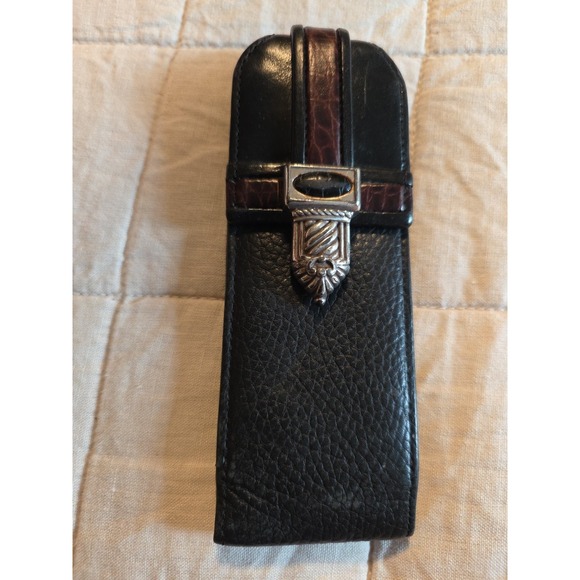 Brighton Black Leather Silver Heart Brown Trim Eyeglasses Sunglasses Soft Case - Picture 1 of 7